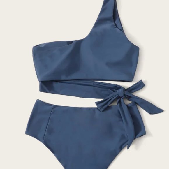 Women's High Waist Bottom and One Shoulder Tie Bikini Set - Blue - Picture 1 of 8